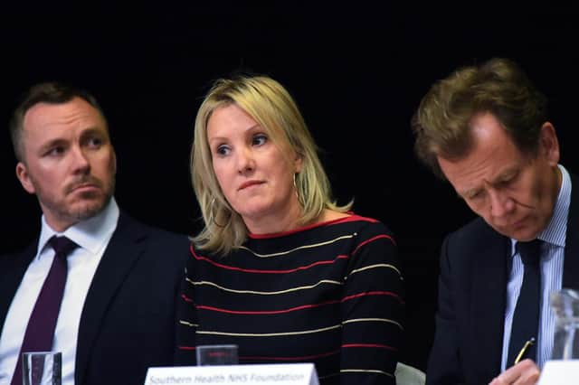Caroline Dinenage, who has been sacked as a minister, pictured at a health forum meeting with Mark Cubbon, left, and Nick Broughton for Southern Health NHS Foundation Trust, right.
Picture: Malcolm Wells (190517-7252)