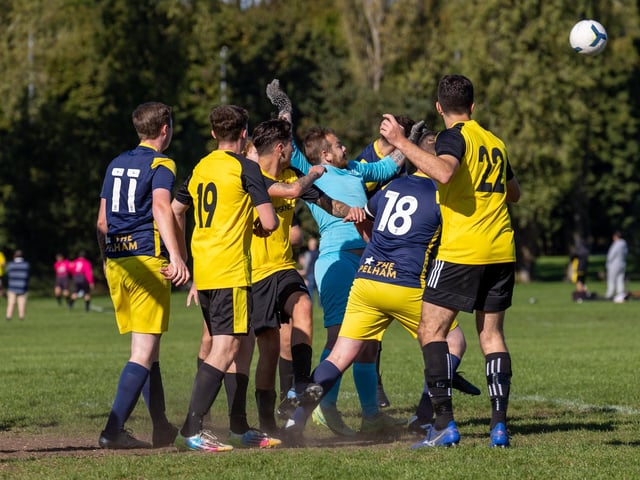 Fratton Trades Reserves (yellow) v Pelham Arms. Picture by Alex Shute