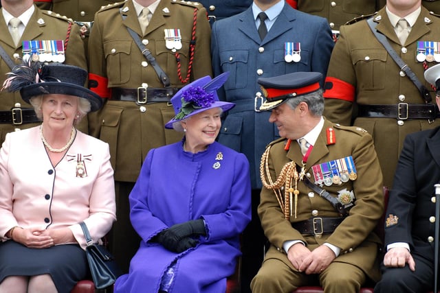 Queen Elizabeth II during a visit to the Royal Military Police Museum at the Defence College of Policing and Guarding at Southwick House in June 2007