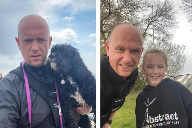 Luke Porter took on a huge 48-hour running challenge for Wave 105 Cash For Kids. Pictured: Luke with his dog Daisy, and right, with daughter Emma Porter, 8