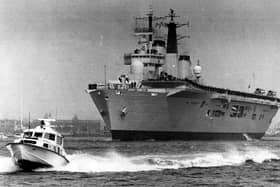 HMS Invincible leaving Portsmouth for Falklands in 1982. The News PP4866