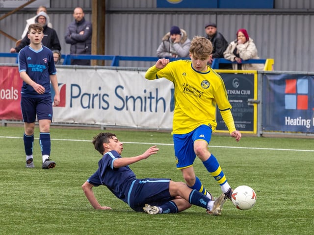 Action from the Under-16 Arthur Hughes Challenge Cup final between Meon Milton Awfords (yellow shirts) and Pickwick Youth Panthers. Picture: Mike Cooter