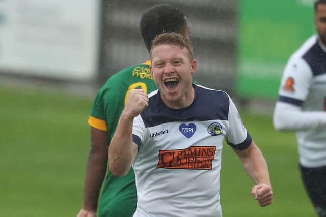 Tommy Wright celebrates after scoring on his competitive Hawks debut against Horsham in the FA Cup in early October. Pic: Dave Haines.