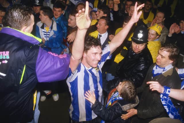 Sheffield Wednesday legend David Hirst celebrates after beating Chelsea in the Rumbelows League Cup semi-final second leg at Hillsbrough on February 1991. Picture: Shaun Botterill/Allsport/Getty Images