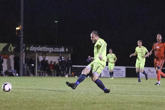 Connor Duffin scores Horndean's first goal. Picture: Barry Zee
