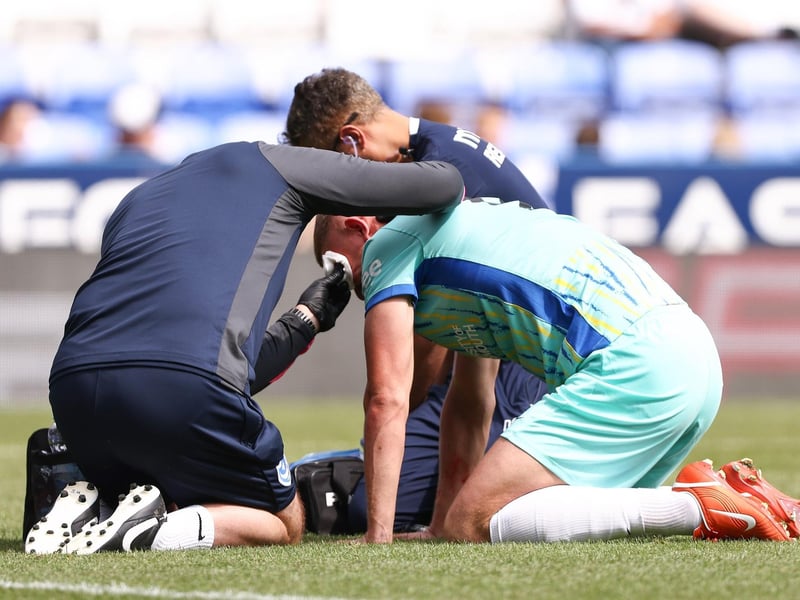 Colby Bishop receives treatment for a head injury during the first-half of Pompey's friendly at Reading. Picture: Paul Phelan
