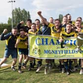 Moneyfields celebrate winning the Wessex League title after beating Newport IoW on the final day of the 2016/17 season. But a few days later they failed in their appeal against playing an ineligible player, meaning they had three points deducted and Portland were declared champions instead. Picture: Keith Woodland.