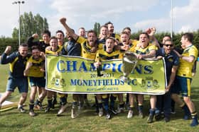 Moneyfields celebrate winning the Wessex League title after beating Newport IoW on the final day of the 2016/17 season. But a few days later they failed in their appeal against playing an ineligible player, meaning they had three points deducted and Portland were declared champions instead. Picture: Keith Woodland.