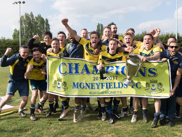 Moneyfields celebrate winning the Wessex League title after beating Newport IoW on the final day of the 2016/17 season. But a few days later they failed in their appeal against playing an ineligible player, meaning they had three points deducted and Portland were declared champions instead. Picture: Keith Woodland.