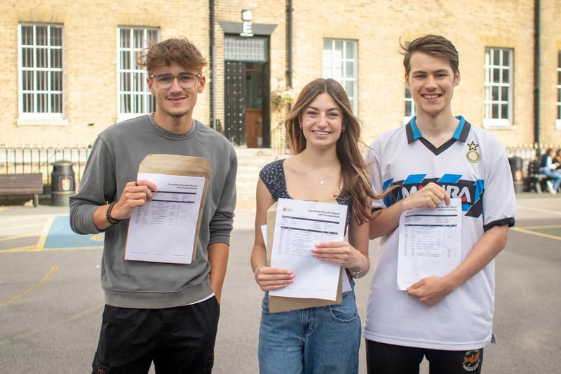 A-level results 2024 at Portsmouth Grammar school, Portsmouth on Thursday, August 15, 2024Pictured: Jake Bailey A*A,B, Sienna Caven A*,B,B and MacKenzie Gilmore A*, A, APicture: Habibur Rahman