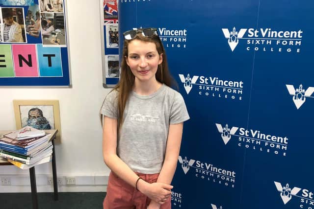 Grace Harrison-Tate achieved top grades today, scoring three A*s in maths, biology, and geography after completing her studies at St Vincent Sixth Form in Gosport.