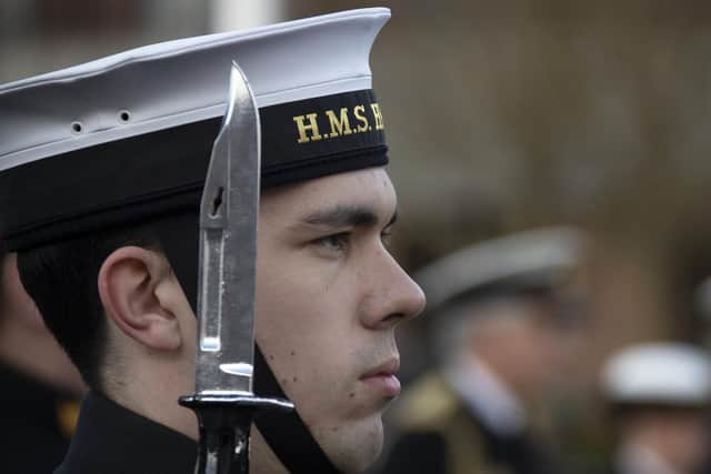 Pictured: Sailors take part in an official inspection at Victoria Barracks, prior to taking over Royal Duties from the Army at Windsor Castle.
Credit: LPhot Dan Rosenbaum, FRPU(E)