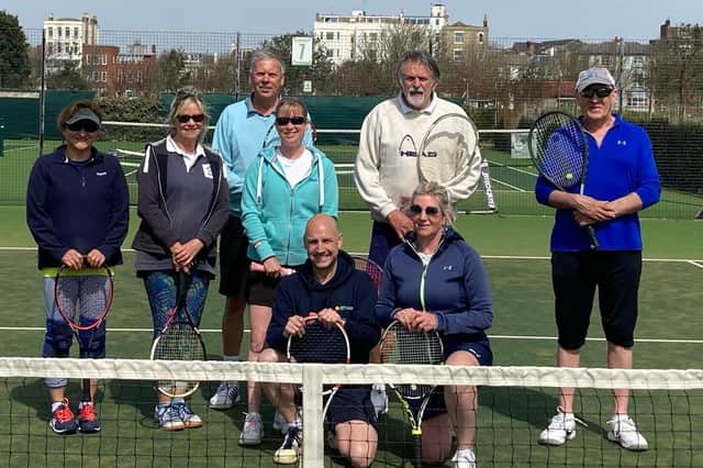 Southsea 2nds v Stubbington Mixed. Front - Andy Bowbrick and Claire Keiditsch. Standing (from left): Annie Lowry, Elaine Reed, Mark Witham, Helen Nelson, Richard Reed, Lee Conway