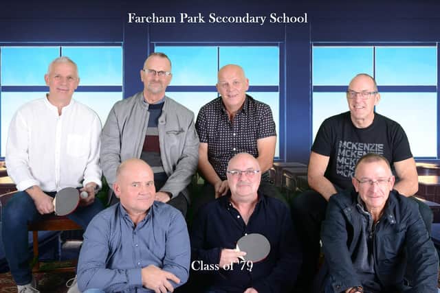Rob Clarke has recreated a photo from the 1970's that was taken at Fareham Park School. 
Pictured: Left to right top: Liam Newton, Rob Clarke, Nicky Pellatt, Paul Smith
Left to right Bottom: David Bernice, Chris Hyde and Gareth Satherley.