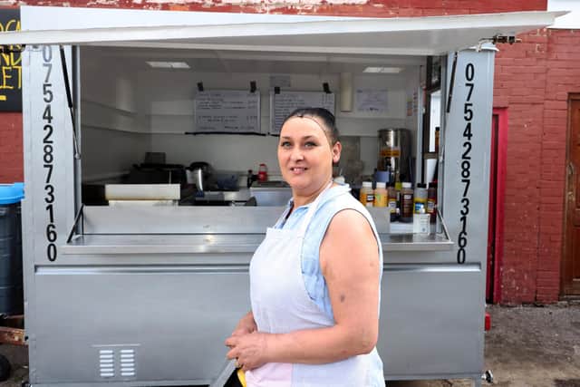 Nicky Forbs pictured with her new burger van business at the back of Tony's Food Store in Hanway Road, Portsmouth.

Monday 28th August 2023.

Picture: Sam Stephenson.