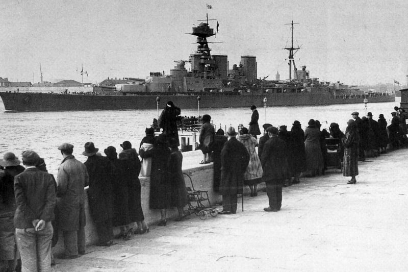 The battlecruiser HMS Hood leaving Portsmouth between the wars.