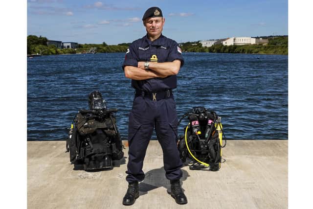 Pictured: Lieutenant Commander Sean 'Central' Heaton at Horsea Island. Photo's taken to accompany an article in the Londonist.
LIEUTENANT COMMANDER SEAN HEATON LONDONIST PORTRAIT
Today 21 Jun 18, Lieutenant Commander Sean 'Central' Heaton had his portrait taken at the Southern Diving Unit at Horsea Island to accompany an article in the Londonist.
The Southern Diving Group is comprised of two Area Clearance Diving Units. Southern Diving Unit One (SDU1) is located in Plymouth and SDU2 located in Portsmouth.