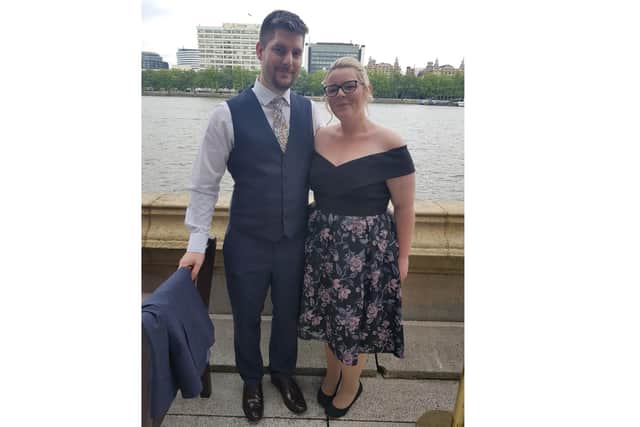 Kat Atrill from Waterlooville has lost 5 stone with Slimming World by 'doing it for herself'. Pictured: Kat with her partner Shane Clarke