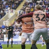 Terry Devlin celebrates his match-winner against Reading with team-mate Paddy Lane