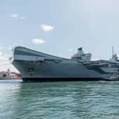 HMS Queen Elizabeth R08 arriving back in Portsmouth on 02 July 2020 after a period at sea conducting Operational Sea Training.