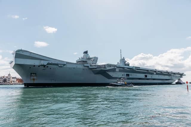 HMS Queen Elizabeth R08 arriving back in Portsmouth on 02 July 2020 after a period at sea conducting Operational Sea Training.