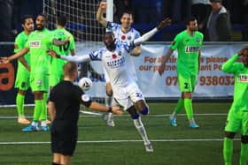 Mo Faal celebrates one of his 12 NLS goals this season. Picture by Dave Haines