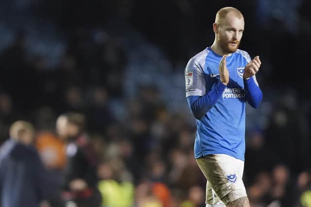 Connor Ogilive applauds the Fratton faithful after Thursday night's 2-2 draw with Ipswich