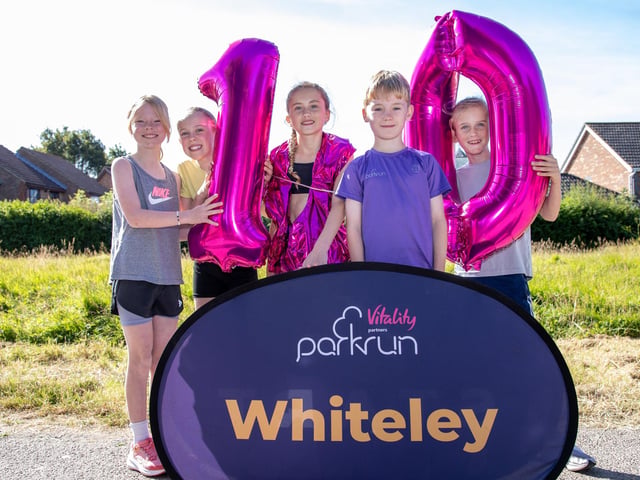 Skye Granger with her friends prior to her 100th parkrun at Whiteley. Picture by Alex Shute