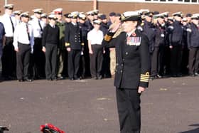 HMS SULTAN HOLDS DRUMHEAD CEREMONY ON ARMISTICE DAY
Personnel from across HMS Sultan came together as one to remember those who made the ultimate sacrifice for their country at a Drumhead Ceremony on Armistice Day.

The short service of remembrance, which uses neatly piled drums as an altar, was held with senior officers, including Captain Jo Deakin OBE, the Commanding Officer of HMS Sultan, among those observing a two-minute silence.

​Wreaths were laid by bearers representing HMS Sultan, all civil servants and civilian personnel and by the youngest air and marine engineering trainees serving within the Bases engineering schools. In addition, wreaths were also laid at the Falklands Conflict Memorial and the Gosport Airfield Memorial within the Base.

On Sunday, Sailors and Royal Navy and Royal Marine Volunteer Cadet Corp Cadets from HMS Sultan will join in acts of remembrance throughout the local community, including at services at Gosport War Memorial and the Fleet Air Arm Memorial and the sunken garden in Lee-On-The-Solent.:The Commanding Officer, HMS Sultan, Captain Jo Deakin OBE lays a wreath.