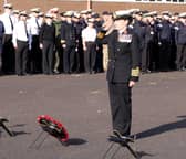HMS SULTAN HOLDS DRUMHEAD CEREMONY ON ARMISTICE DAY
Personnel from across HMS Sultan came together as one to remember those who made the ultimate sacrifice for their country at a Drumhead Ceremony on Armistice Day.

The short service of remembrance, which uses neatly piled drums as an altar, was held with senior officers, including Captain Jo Deakin OBE, the Commanding Officer of HMS Sultan, among those observing a two-minute silence.

​Wreaths were laid by bearers representing HMS Sultan, all civil servants and civilian personnel and by the youngest air and marine engineering trainees serving within the Bases engineering schools. In addition, wreaths were also laid at the Falklands Conflict Memorial and the Gosport Airfield Memorial within the Base.

On Sunday, Sailors and Royal Navy and Royal Marine Volunteer Cadet Corp Cadets from HMS Sultan will join in acts of remembrance throughout the local community, including at services at Gosport War Memorial and the Fleet Air Arm Memorial and the sunken garden in Lee-On-The-Solent.:The Commanding Officer, HMS Sultan, Captain Jo Deakin OBE lays a wreath.