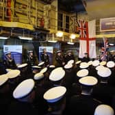 Chief of Staff MARCOM Rear Admiral Delgado RN making a speech during the SNMG2 handover ceremony. Portsmouth-based type 45 destroyer, HMS Duncan - lead by Commodore Paul Stroude - has been in charge of the Nato Mediterranean task group since June.