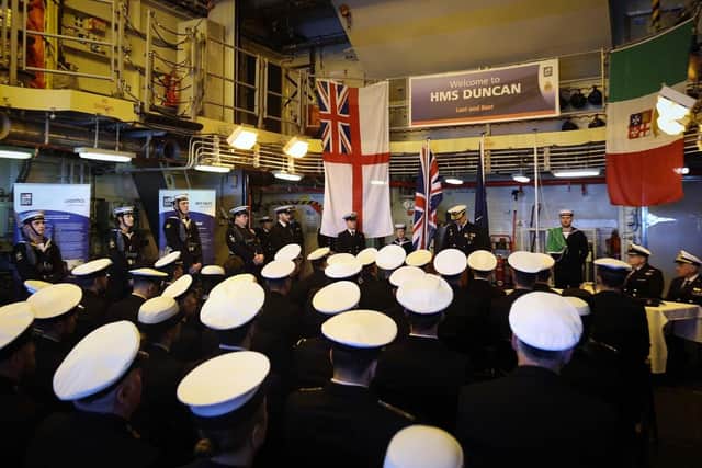 Chief of Staff MARCOM Rear Admiral Delgado RN making a speech during the SNMG2 handover ceremony. Portsmouth-based type 45 destroyer, HMS Duncan - lead by Commodore Paul Stroude - has been in charge of the Nato Mediterranean task group since June.