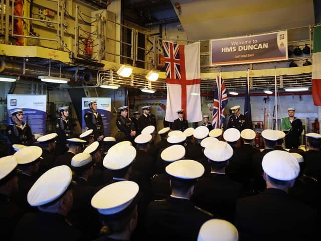 Chief of Staff MARCOM Rear Admiral Delgado RN making a speech during the SNMG2 handover ceremony. Portsmouth-based type 45 destroyer, HMS Duncan - lead by Commodore Paul Stroude - has been in charge of the Nato Mediterranean task group since June.