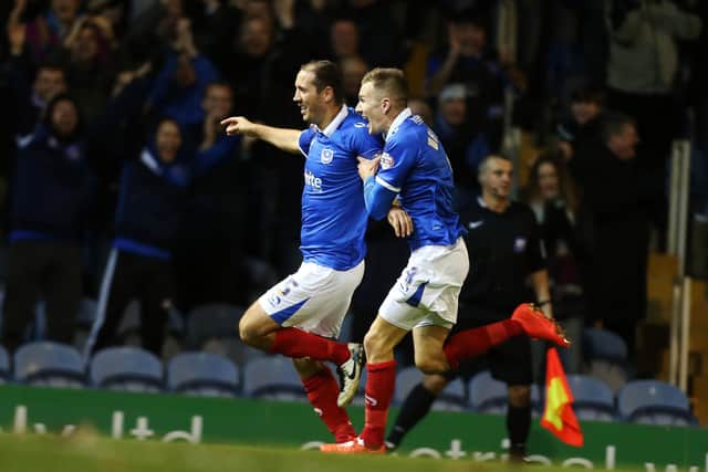 Joe Devera celebrates grabbing a late Fratton Park winner in a 3-2 success over Stevenage in October 2014. It was his only Pompey goal in 80 outings. Picture: Joe Pepler