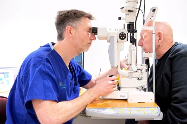 Optegra optometrist Oliver Bowen-Thomas with patient Jim Hayles at the Whiteley hospital
