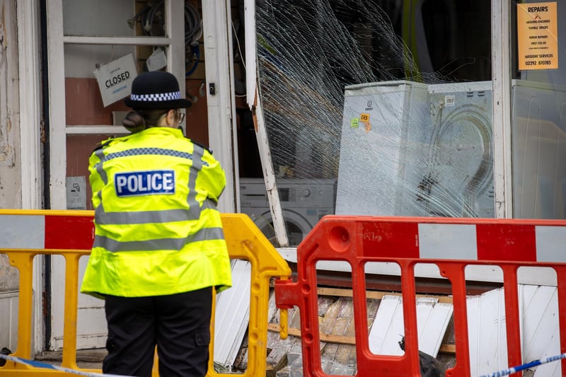 A police car has allegedly crashed into the front of a shop on Albert Road.

Pictured - The resulting damage and police on scene

Photos by Alex Shute