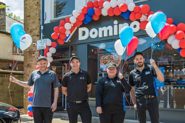 Staff welcome the public at the opening of a new Domino's in Middle Road, Park Gate.
Pictured: Michael Foley-Artherton (30), Mike Hickford (36), Sarah West (43) and Sunny Downey (34). Picture: Mike Cooter (080621)