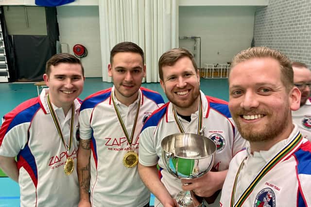 World short mat bowls champions (from left) Mitchell Young, Ben Pay, Alastair McCrea and Steve Buckett