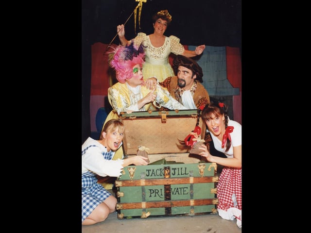 Babes in the Wood at St James' Hospital in 1996. Bottom left clockwise: Kaye Porley, 23, as Jack, Terry Moore, 45, as Mistress Upsadaisy, Phyllis Morris, 54, as Woodland Fairy, Randy Vince, 43, as Squire Graball, and Francis Howes, 25, as Jill in the Babes in the Wood at St James' Hospital in 1996 PP1974