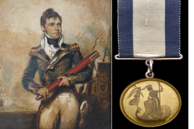 The medal pictured alongside a painting of Captain Sir William Hoste, an extremely important naval figure and protégé and friend of Nelson.