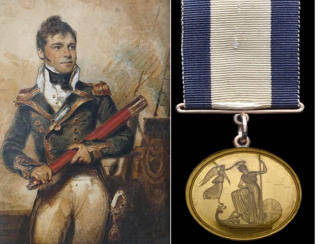 The medal pictured alongside a painting of Captain Sir William Hoste, an extremely important naval figure and protégé and friend of Nelson.