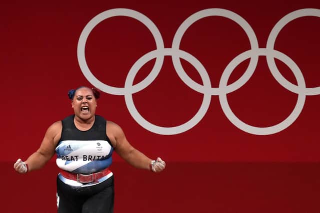 Great Britain's Emily Campbell celebrates taking silver during the +87 kg Weightlifting at the Tokyo International Forum - Britain’s first female weightlifting Olympic medallist. . Picture: Martin Rickett/PA Wire.