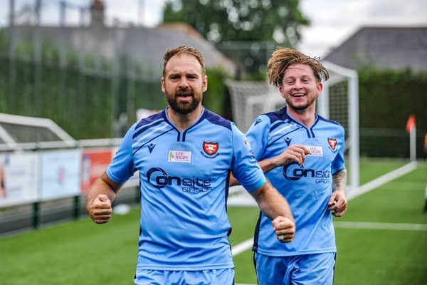 Brett Pitman, left, has now scored 14 league and cup goals for AFC  Portchester this season. Picture by Daniel Haswell.