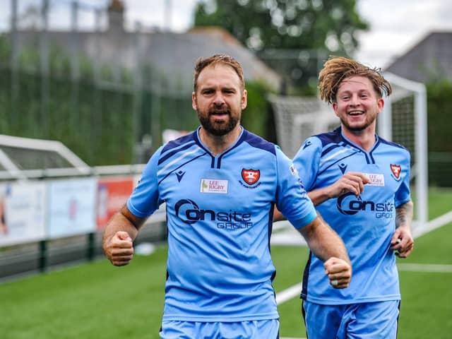 Brett Pitman, left, has now scored 14 league and cup goals for AFC  Portchester this season. Picture by Daniel Haswell.