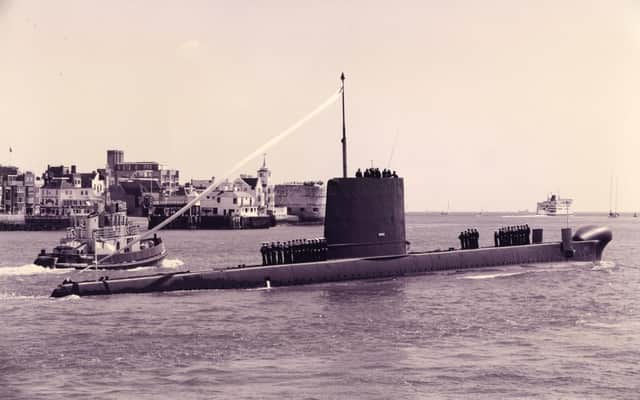 HMS Opossum returns to HMS Dolphin, Gosport, in August 1993 at the end of her service. The News PP1027