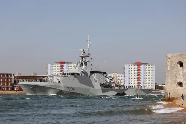 Pictured: HMS Spey passses the Round Tower as she departs for her five-year mission