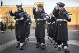 Pictured: Sailors take part in an official inspection at Victoria Barracks, prior to taking over Royal Duties from the Army at Windsor Castle.
Credit: LPhot Dan Rosenbaum, FRPU(E)