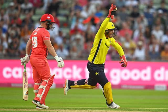 Ben McDermott of Hampshire Hawks celebrates after taking a catch to dismiss Steven Croft. Photo by Harry Trump/Getty Images