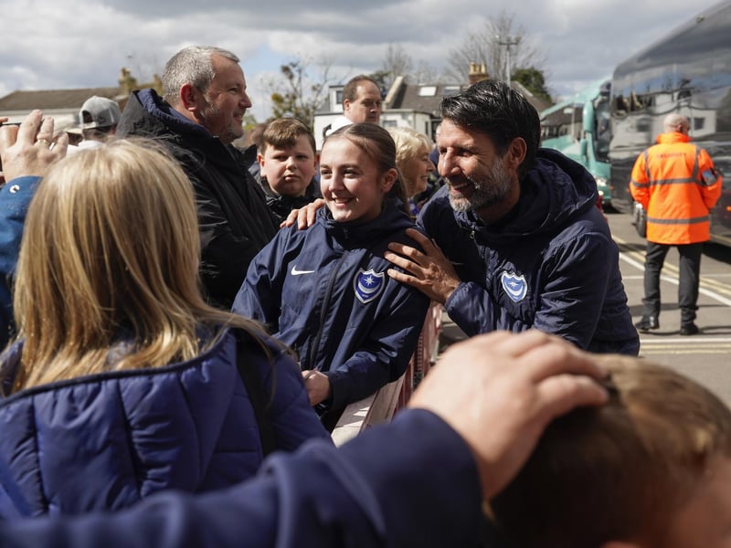 Danny Cowley greets Pompey fans who made the trip to Cheltenham on April 9 - a game the Blues lost 1-0.