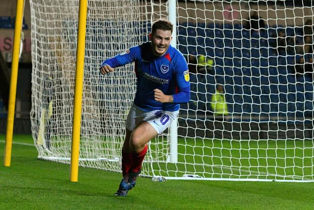 Bradley Lethbridge celebrates scoring for Pompey at Oxford United in October 2019 in the EFL Trophy. Picture: Graham Hunt